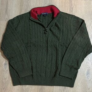 Men’s Olive Green Cable Knit Half-Zip Sweater with Red Contrast Collar